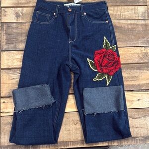 Dark Blue Ankle Cropped Jeans with Red Rose Embroidery